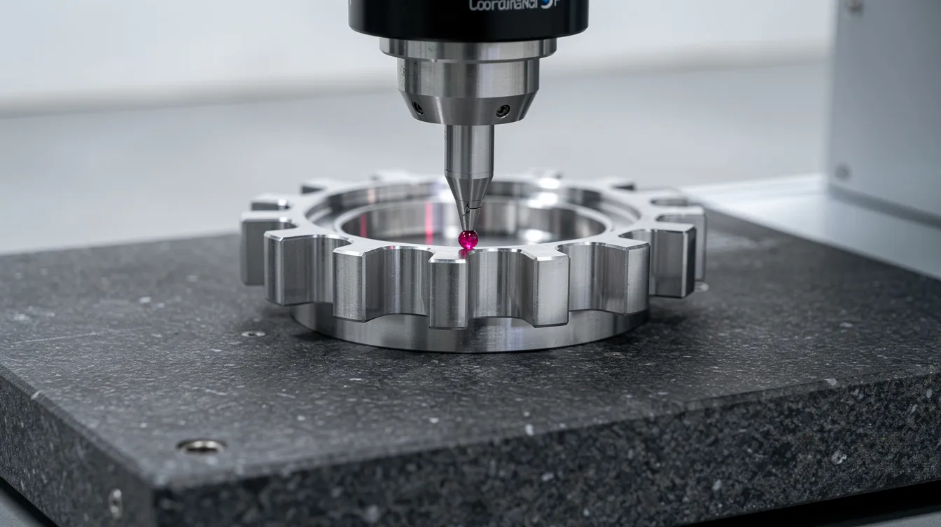 An image of a coordinate measuring machine probe delicately touching a precision machined stainless steel medical component, set on a sturdy granite surface plate, exemplifying the excellence in engineering and manufacturing of precision metal products. This scene highlights the quality management system in place for producing high-standard components for industries such as medical and aerospace.