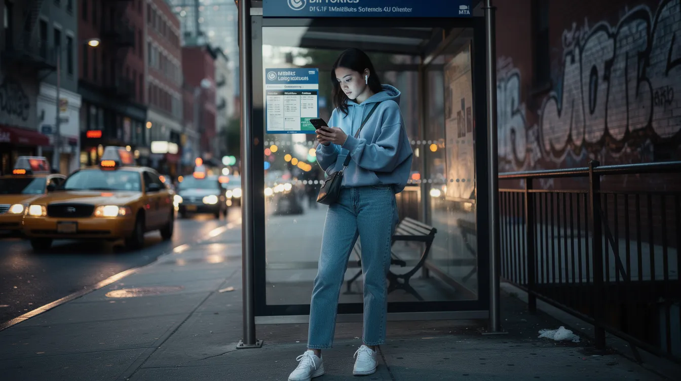 A young woman stands at a bus stop in Brooklyn, New York, intently looking at her cellphone screen, possibly engaging with a dating app like Iris, which focuses on creating meaningful connections and finding potential matches. The bustling urban background captures the vibrant atmosphere of Gen Z navigating their dating journey in the real world.