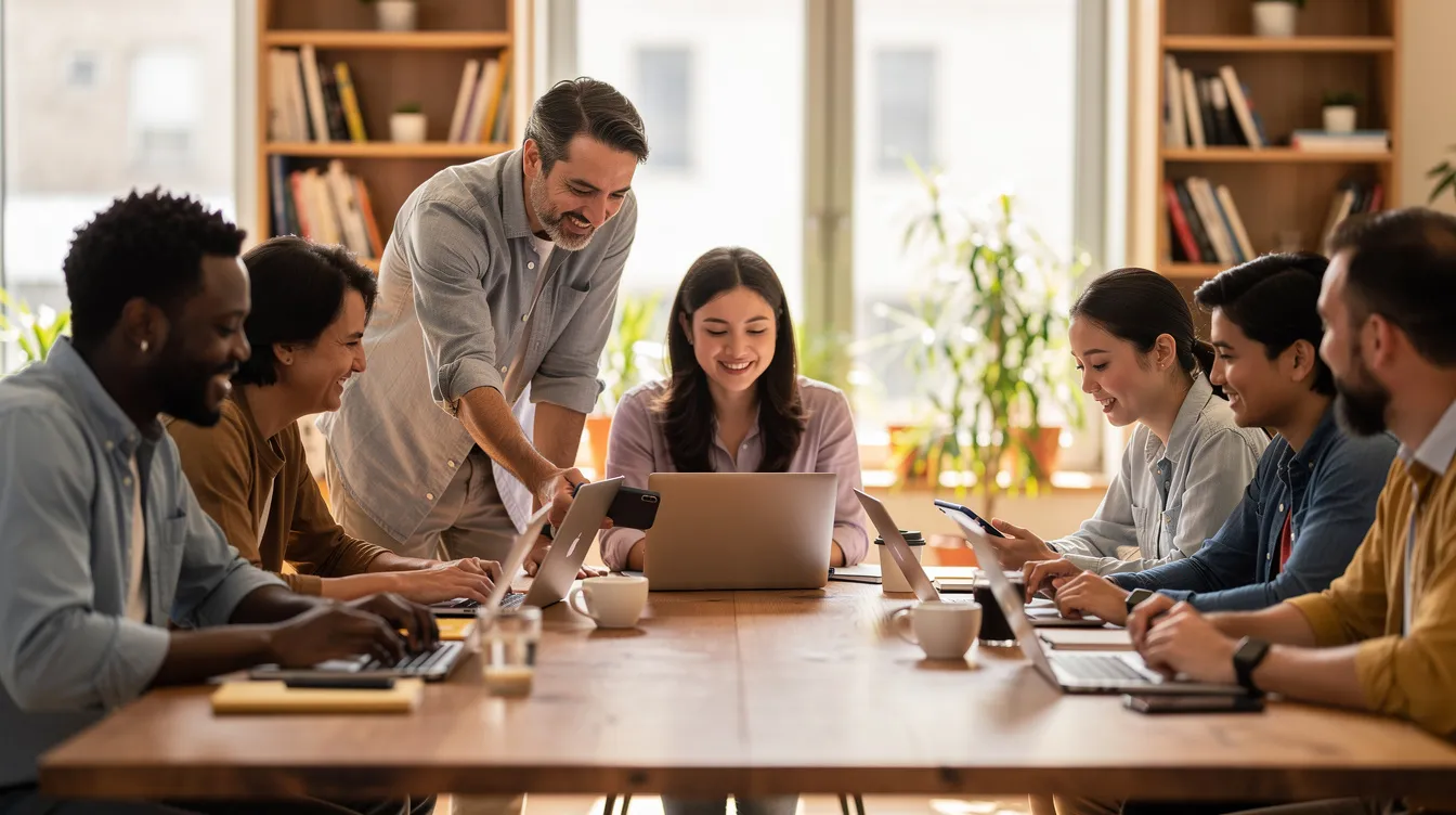 A diverse group of people using tablets, phones, and laptops around a table, illustrating equal access to digital content across abilities