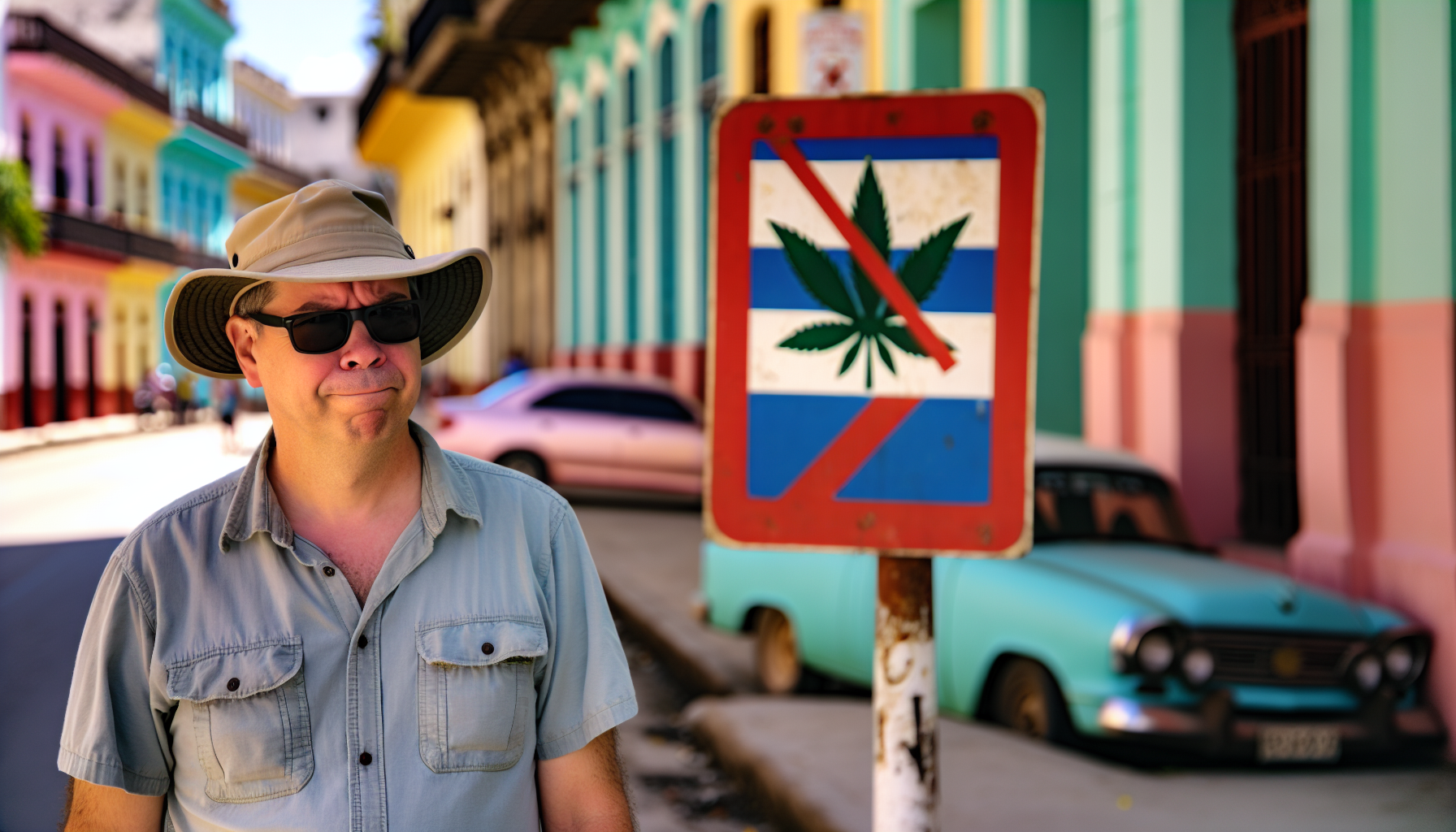 Tourist with caution sign in Cuba