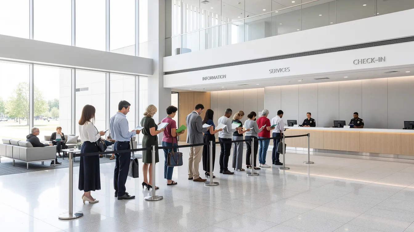 The image depicts the interior of a modern government building where a diverse group of people is waiting in a queue, likely for services related to obtaining Spanish citizenship or dual nationality. The atmosphere is busy and organized, reflecting the importance of processes like acquiring Spanish nationality for individuals from various backgrounds, including those from Latin American countries.