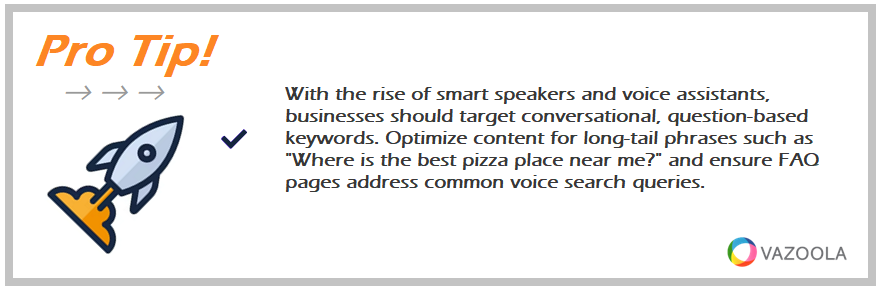 With the rise of smart speakers and voice assistants, businesses should target conversational, question-based keywords. Optimize content for long-tail phrases such as "Where is the best pizza place near me?" and ensure FAQ pages address common voice search queries.