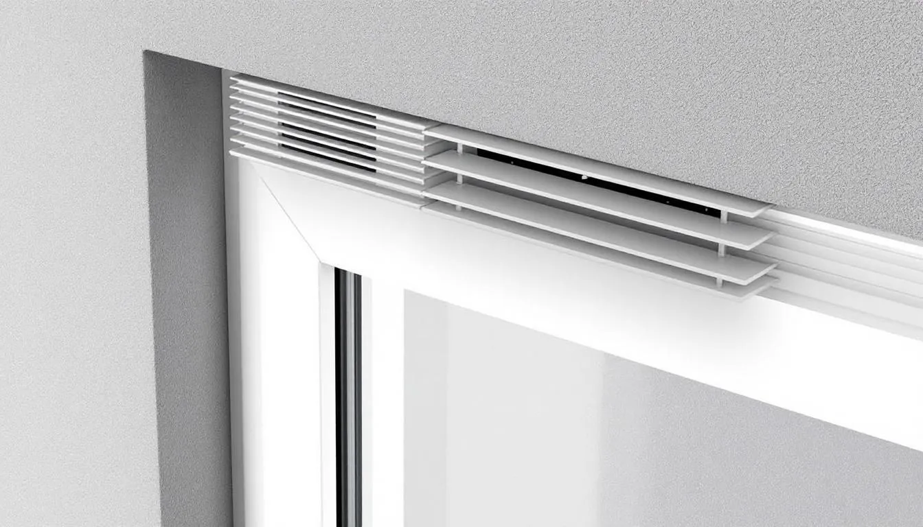 Een ventilatierooster is geïntegreerd in een K-VISION Classic kozijn, dat bekend staat om zijn strakke en moderne uitstraling. Dit klassieke kunststof kozijn biedt uitstekende isolatiewaarden en is verkrijgbaar in diverse moderne grijstinten.