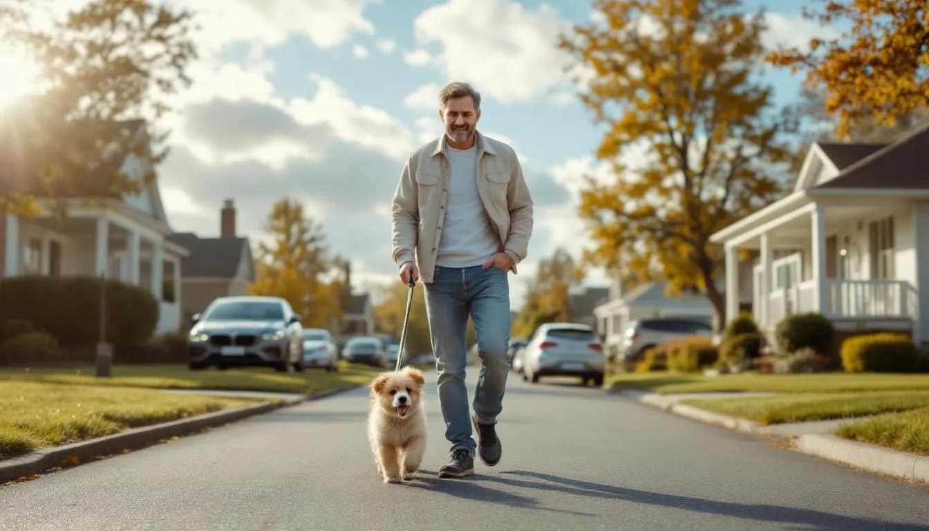 In a quiet neighborhood, an owner walks calmly with a young puppy on a loose leash, demonstrating positive reinforcement training as they enjoy a peaceful stroll together. This scene highlights the importance of training your puppy in a controlled environment to encourage good behavior and social skills.