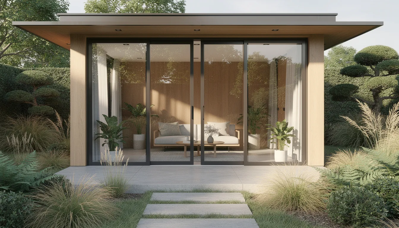 The image showcases a contemporary garden room, featuring large windows that allow natural light to flood the spacious interior, creating a perfect retreat for relaxation or work. This bespoke garden space is designed with clean lines and modern aesthetics, seamlessly blending into the client's garden surroundings.
