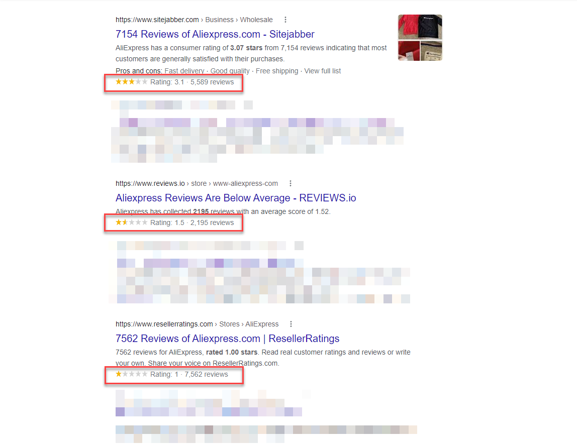 aliexpress reviews from pages on google serps