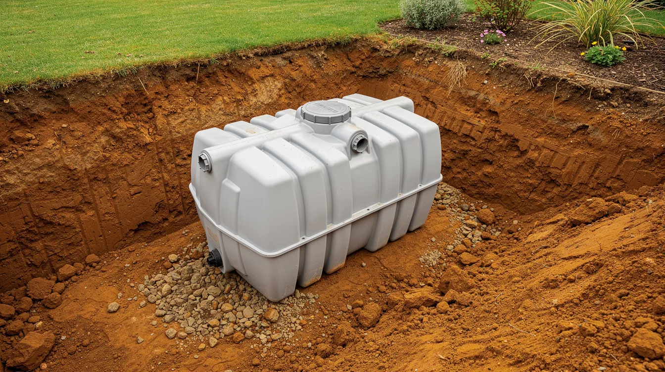 L'image montre un filtre compact en polyéthylène installé dans une excavation dans un jardin, entouré de terre argileuse. Ce dispositif fait partie d'un projet d'assainissement individuel, offrant une solution adaptée aux enjeux environnementaux et aux exigences de la propriété.