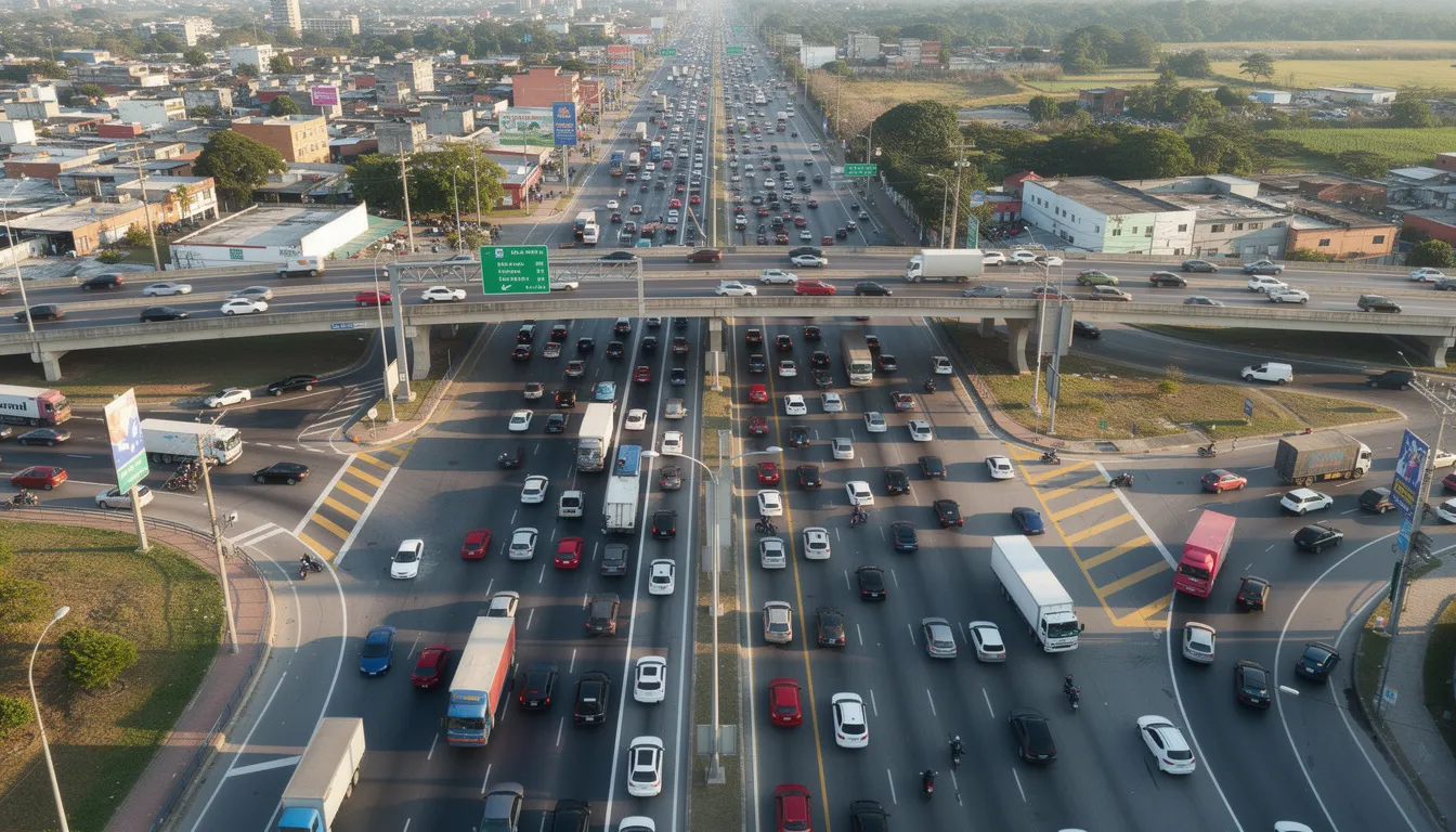 The image depicts a busy highway intersection filled with various vehicles, illustrating the chaotic nature of motor vehicle traffic. Such intersections can be sites of fatal accidents, potentially leading to wrongful death lawsuits for surviving family members seeking justice and compensation for their loved one's death.
