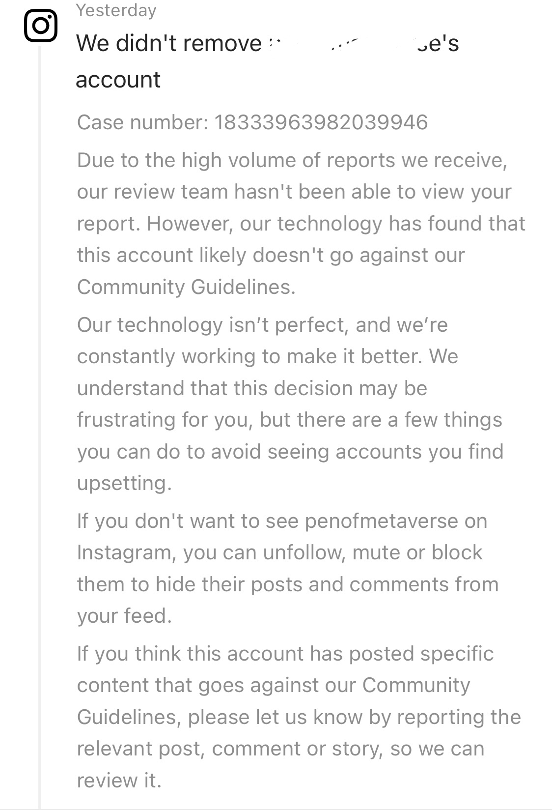 Screenshot of Instagram not removing a reported account