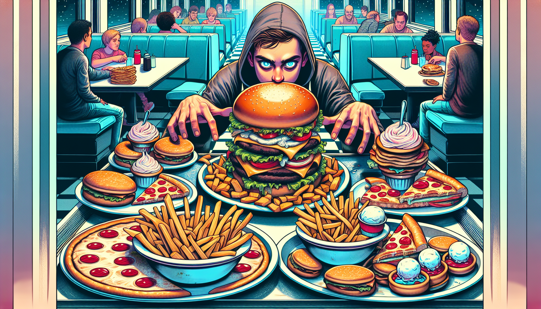 Illustration of a person eating large quantities of food during a dirty bulk