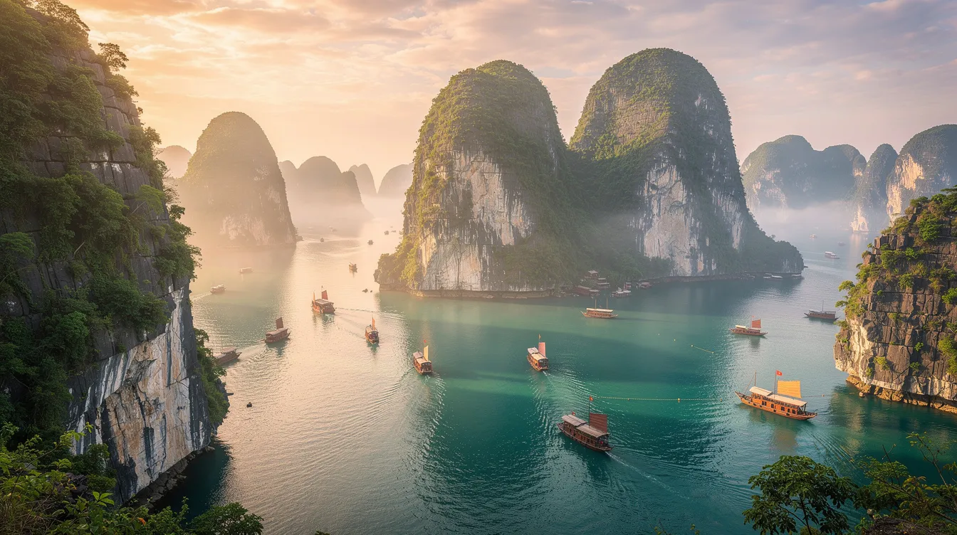 A imagem retrata a deslumbrante Baía de Halong, no Vietnã, com suas impressionantes formações rochosas e águas tranquilas, criando um cenário perfeito para uma viagem inesquecível pelo Sudeste Asiático. Ao fundo, é possível ver barcos flutuantes, que lembram os mercados flutuantes da Tailândia, adicionando um toque cultural à paisagem.