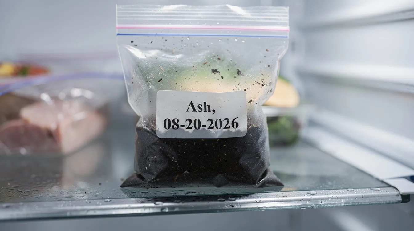 A close-up image shows a small zip lock bag filled with soil, labeled "Ash, 08-20-2026," placed inside a refrigerator. This setting suggests a method for preserving soil for seed treatment or promoting healthy root growth in young plants. A close-up image shows a small zip lock bag filled with soil, labeled "Ash, 08-20-2026," placed inside a refrigerator. This setting suggests a method for preserving soil for seed treatment or promoting healthy root growth in young plants.