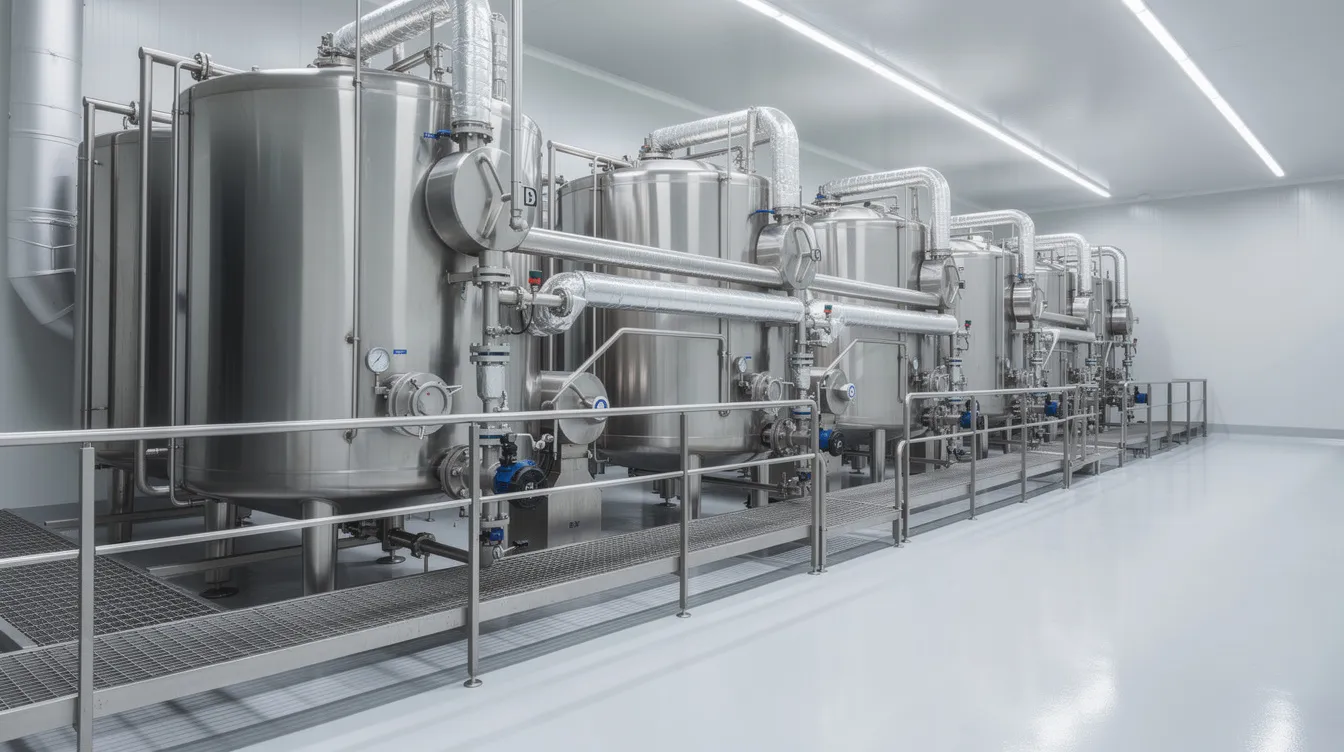 The image depicts a modern milk processing plant featuring stainless steel dairy processing equipment, including large milk storage tanks and intricate piping systems. This facility is designed for efficient milk production and processing, contributing to the dairy industry by producing various processed dairy products.