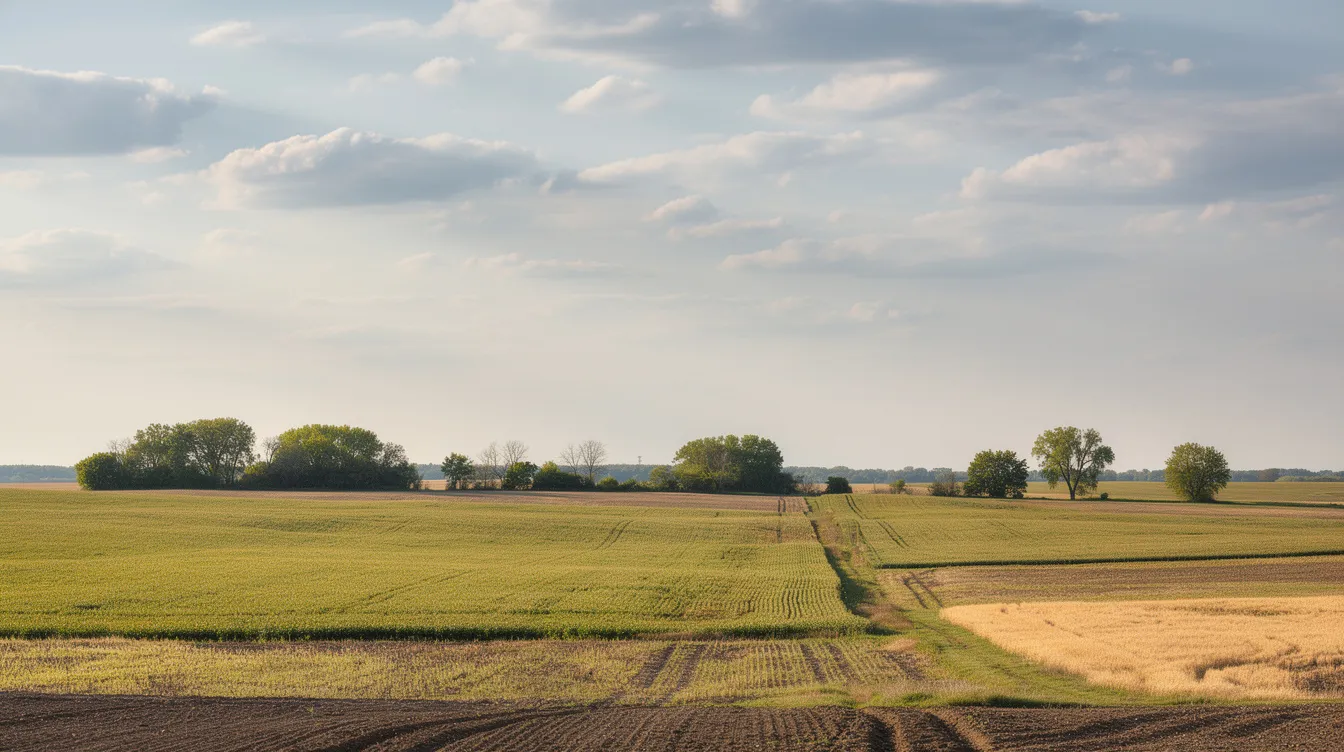 The image depicts a serene rural landscape in Nebraska, showcasing expansive open farmland with a distant treeline beneath a vast sky. This tranquil scene reflects the heart of Nebraska, where residents may engage with local gun laws, including the concealed carry permit requirements, as they enjoy the outdoors.