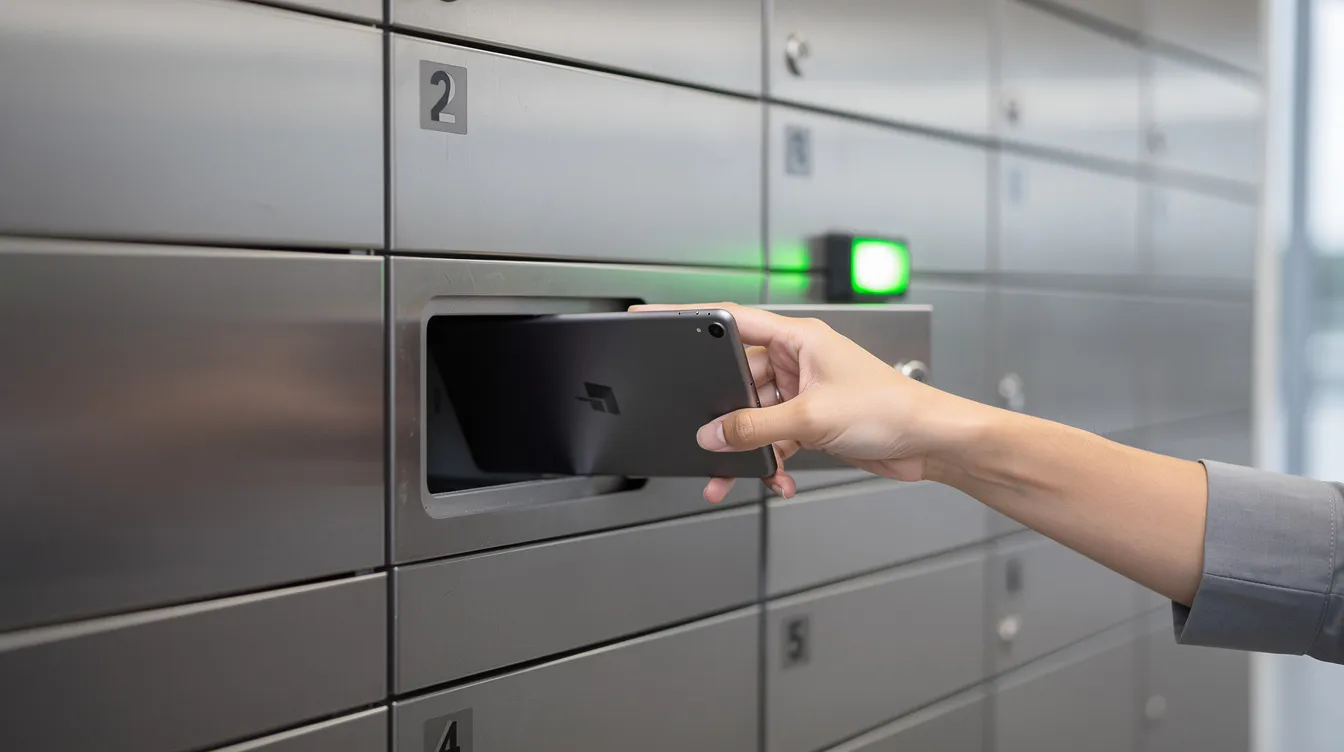 A person is returning a tablet to a smart locker bay, where a green light confirms the successful return. This smart locker system enhances asset management and provides secure storage, ensuring efficient delivery and improved customer satisfaction.