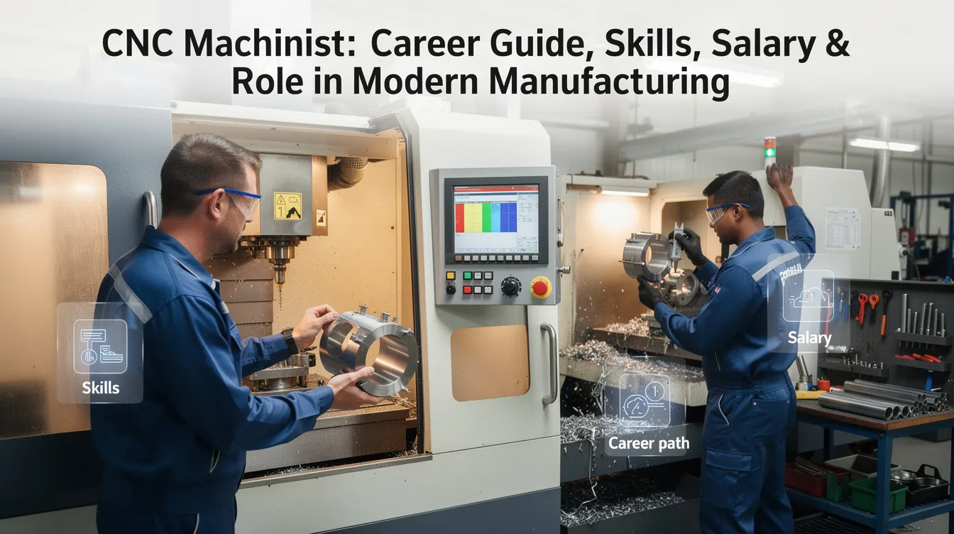 The image depicts a CNC machinist at work, skillfully operating a CNC machine equipped with various cutting tools and machinery. The scene illustrates the intricate machining process involved in modern manufacturing, highlighting the importance of precision and technical knowledge in the role of a CNC operator.