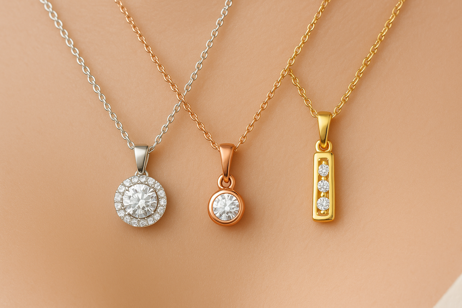 Geltono, balto ir raudono aukso pakabukai su deimantais palyginimui.