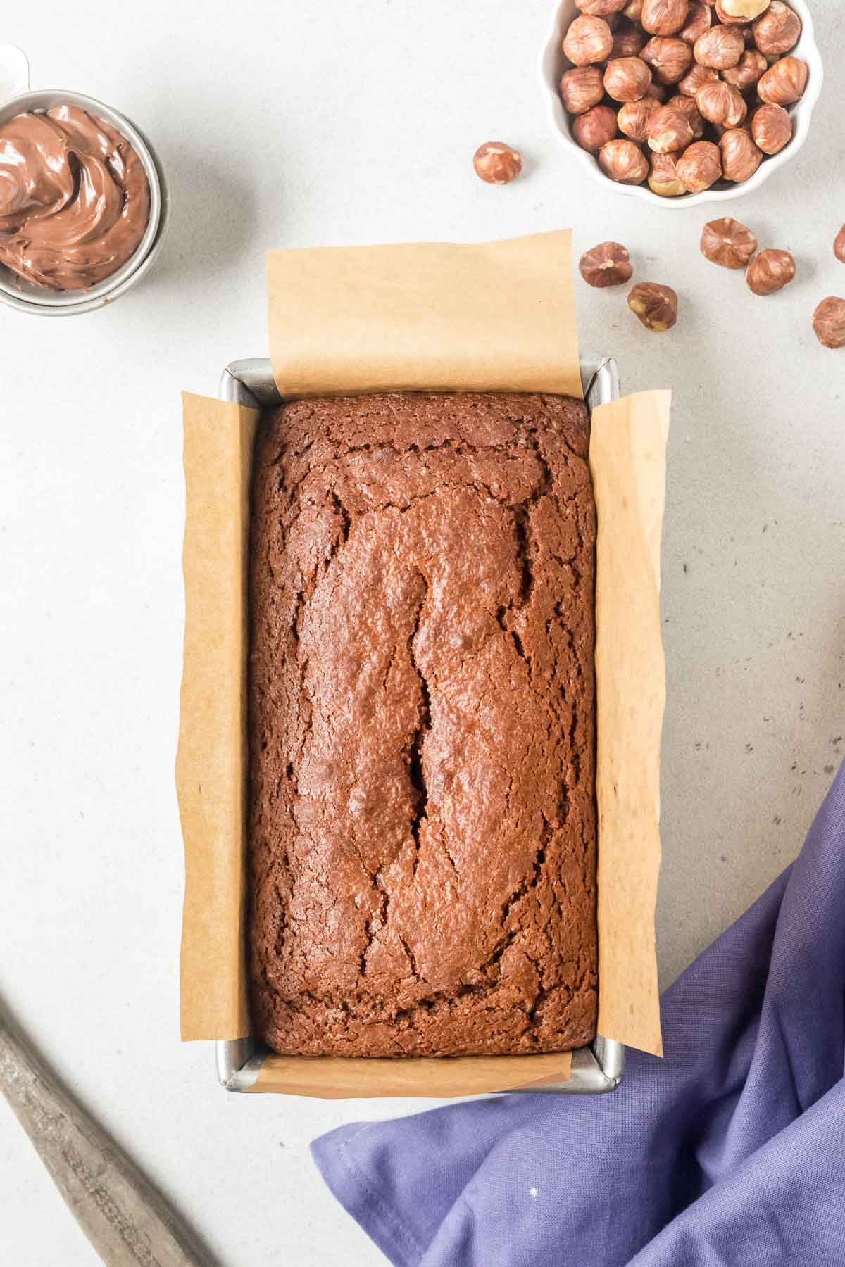 baked Nutella bread in a loaf pan