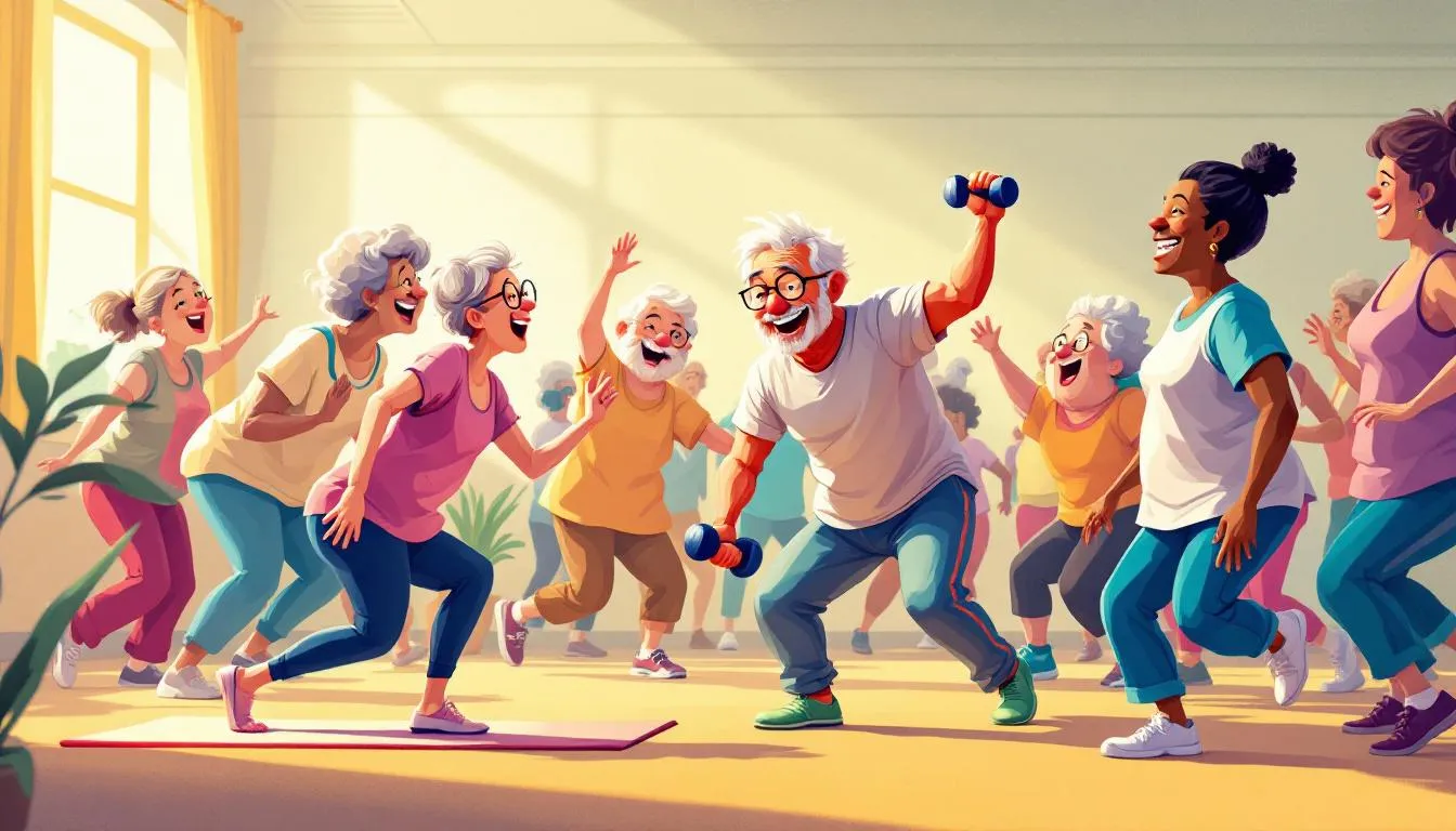 A diverse group of older adults participating in a fitness class, countering the myth of physical weakness in old age.