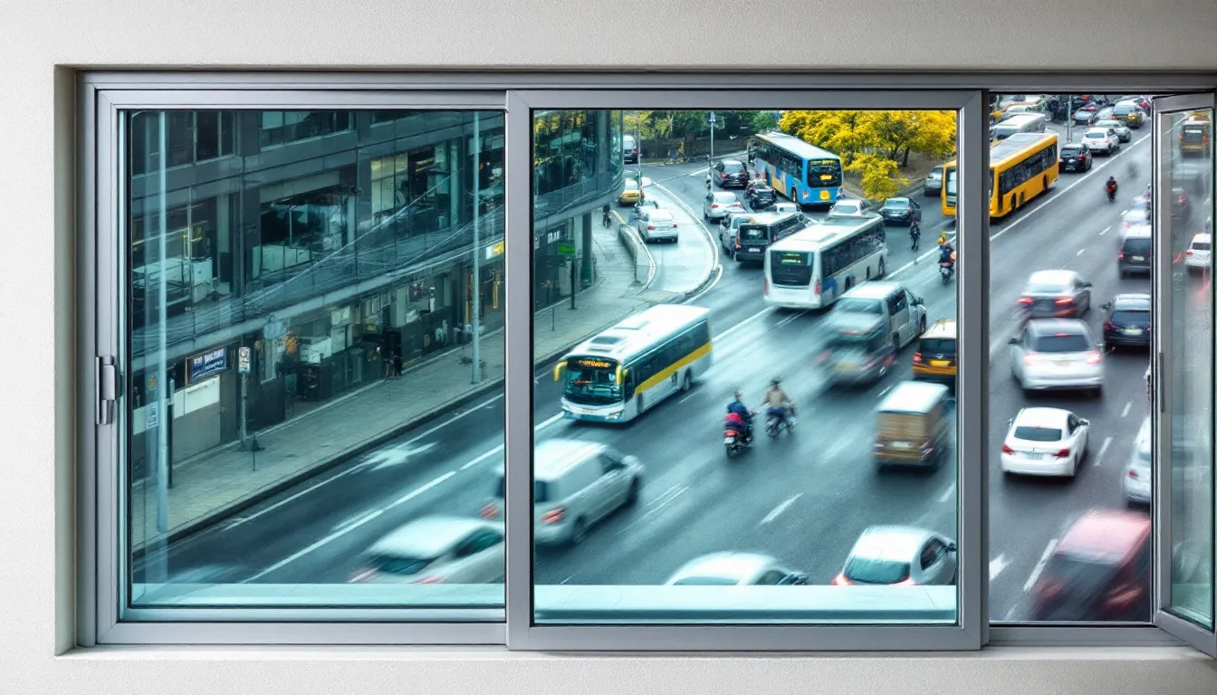 Das Bild zeigt ein modernes Lärmschutzfenster, das an einer stark befahrenen Straße installiert ist. Das Fenster bietet eine effektive Schallschutzlösung und trägt zur Ruhe und Qualität des Wohnraums bei.