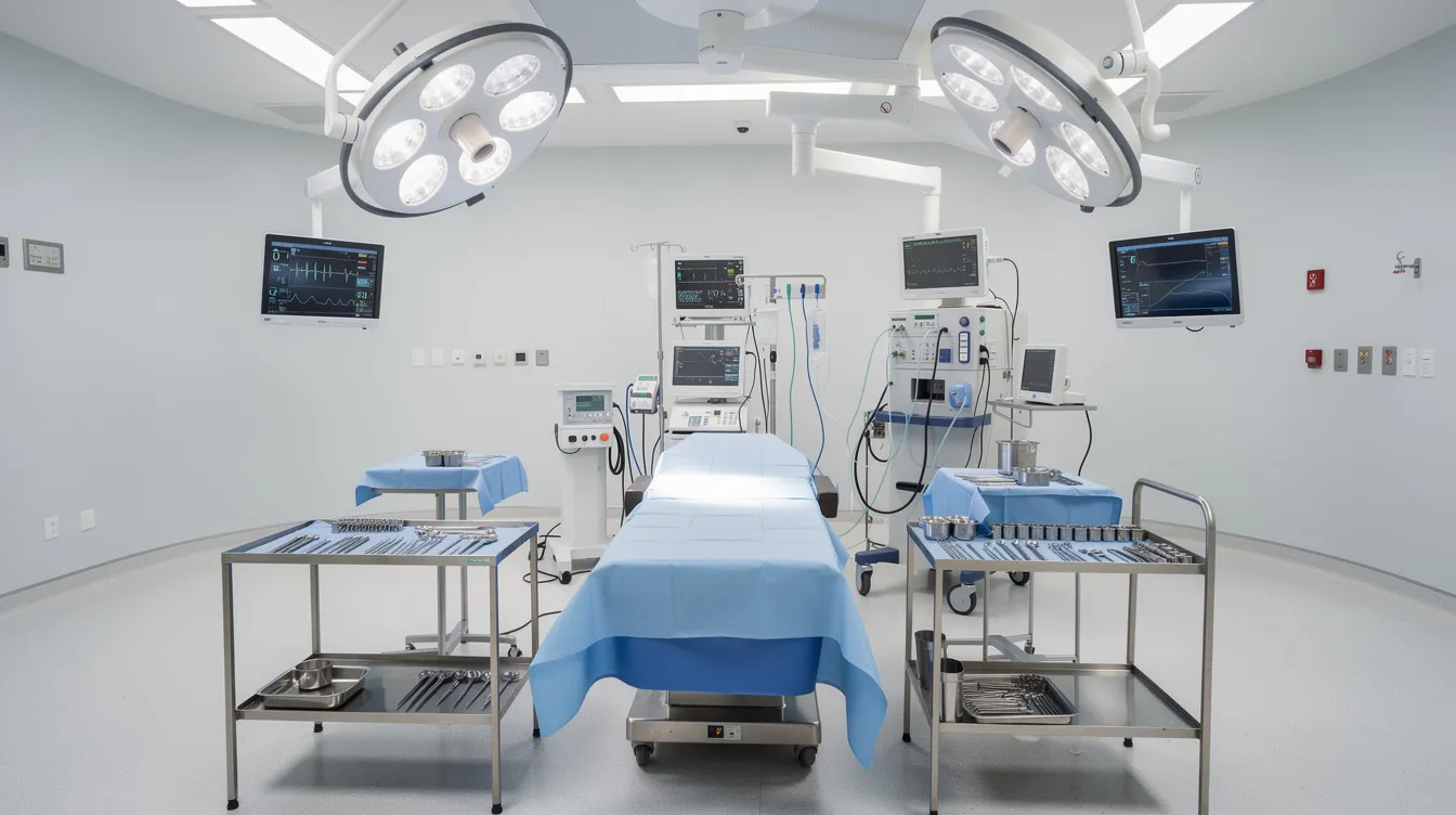 The image shows a modern surgical operating room equipped with bright overhead lights and sterile instruments, designed for procedures like the Brazilian butt lift (BBL). This accredited surgical facility reflects the high hygiene practices and proper technique necessary for cosmetic surgery performed by a board certified plastic surgeon.