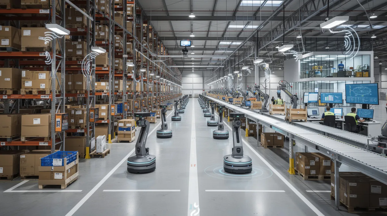 The image depicts an automated warehouse featuring advanced robotic systems for inventory management and RFID tracking, showcasing the integration of AI technologies in the retail sector. The scene illustrates a streamlined operation that enhances supply chain management and optimizes inventory levels, contributing to improved customer satisfaction and operational efficiency.