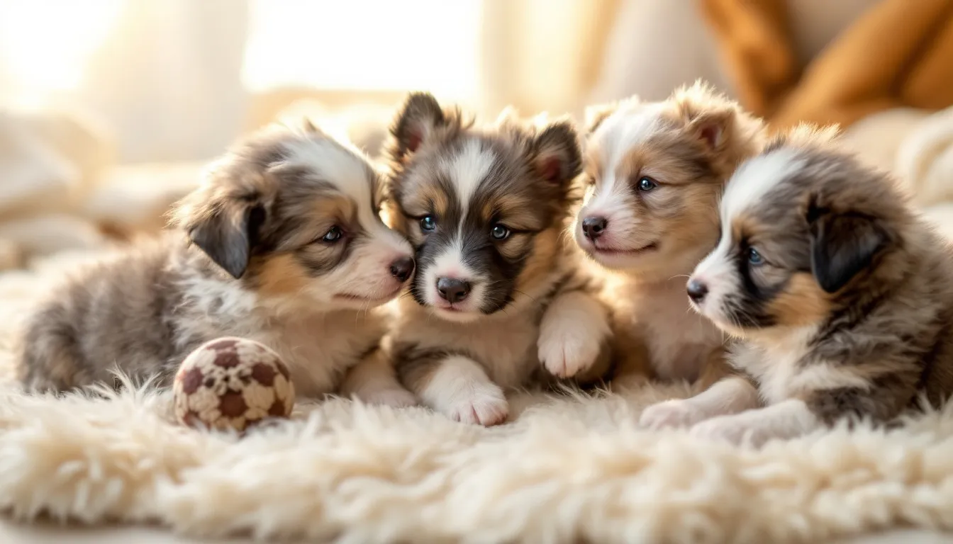 A playful litter of Rafeiro do Alentejo puppies, a rare Portuguese dog breed known for their protective nature, interact joyfully on a soft surface. Their adorable wolf-grey fur, adorned with white markings, showcases their charming physical characteristics as they explore and bond with one another.
