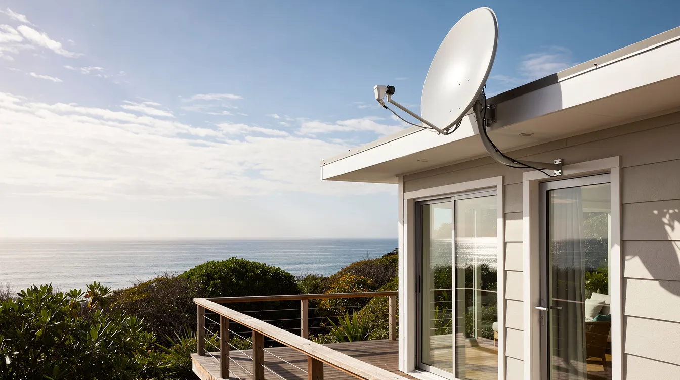 A satellite dish is mounted on the roof of a coastal home, overlooking a stunning ocean view in the background. This setup highlights the importance of professional DSTV installation services for enjoying uninterrupted entertainment in Plettenberg Bay.