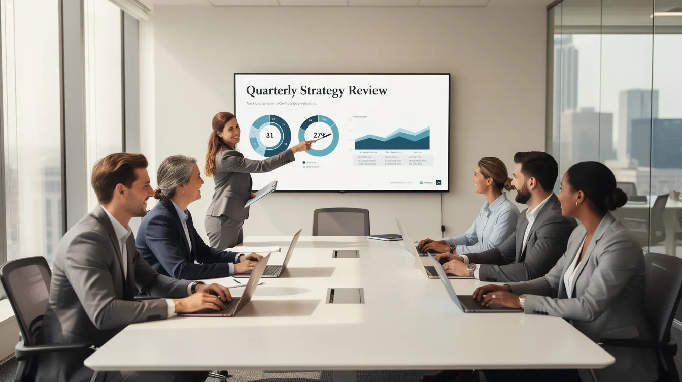 A diverse business team is collaborating around a conference table, each with laptops open, while a large presentation screen displays a PowerPoint presentation. They appear engaged in discussing key findings and strategies, possibly linked to Excel data, as they work together to create effective presentations.