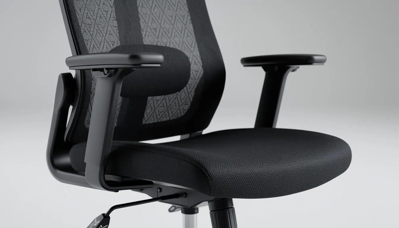 Close-up van een moderne ergonomische bureaustoel met een mesh rugleuning en verstelbare armleuningen, die zorgt voor een goede zithouding en hoog zitcomfort. Deze stijlvol vormgegeven stoel is ideaal voor dagelijks gebruik op een kantoor of in een thuiskantoor.