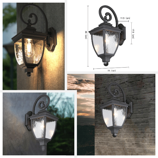 Traditional black coach wall light with curved scroll arm, clear textured glass panels, and classic lantern design, shown mounted on outdoor brick and rendered walls in various settings and with dimensions.