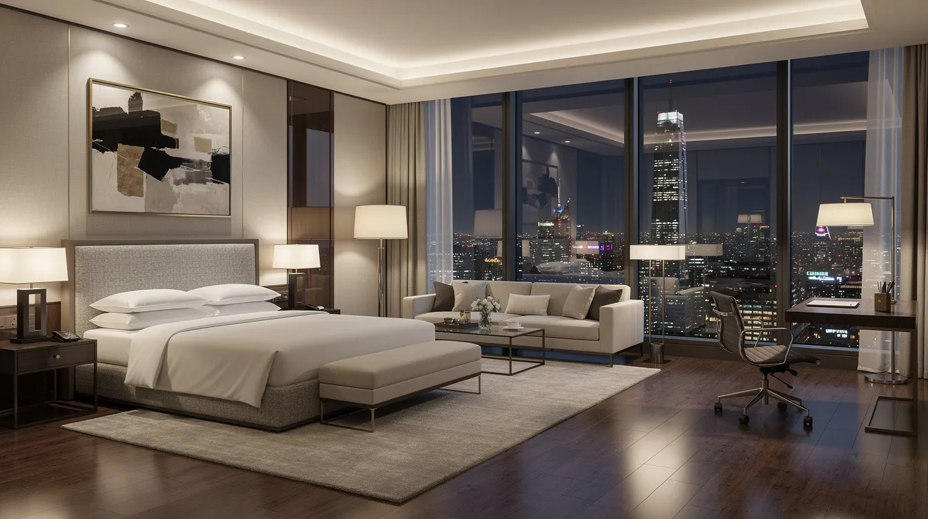 c63f6e7e bb81 40d4 9bc3 cbc2e5e6a71e The image depicts an elegantly furnished luxury hotel suite featuring modern decor, large windows offering stunning city views, and tasteful furnishings that create a sophisticated ambiance. This setting exemplifies the high standards of the hospitality industry, ideal for discerning guests seeking comfort and style in a major city.