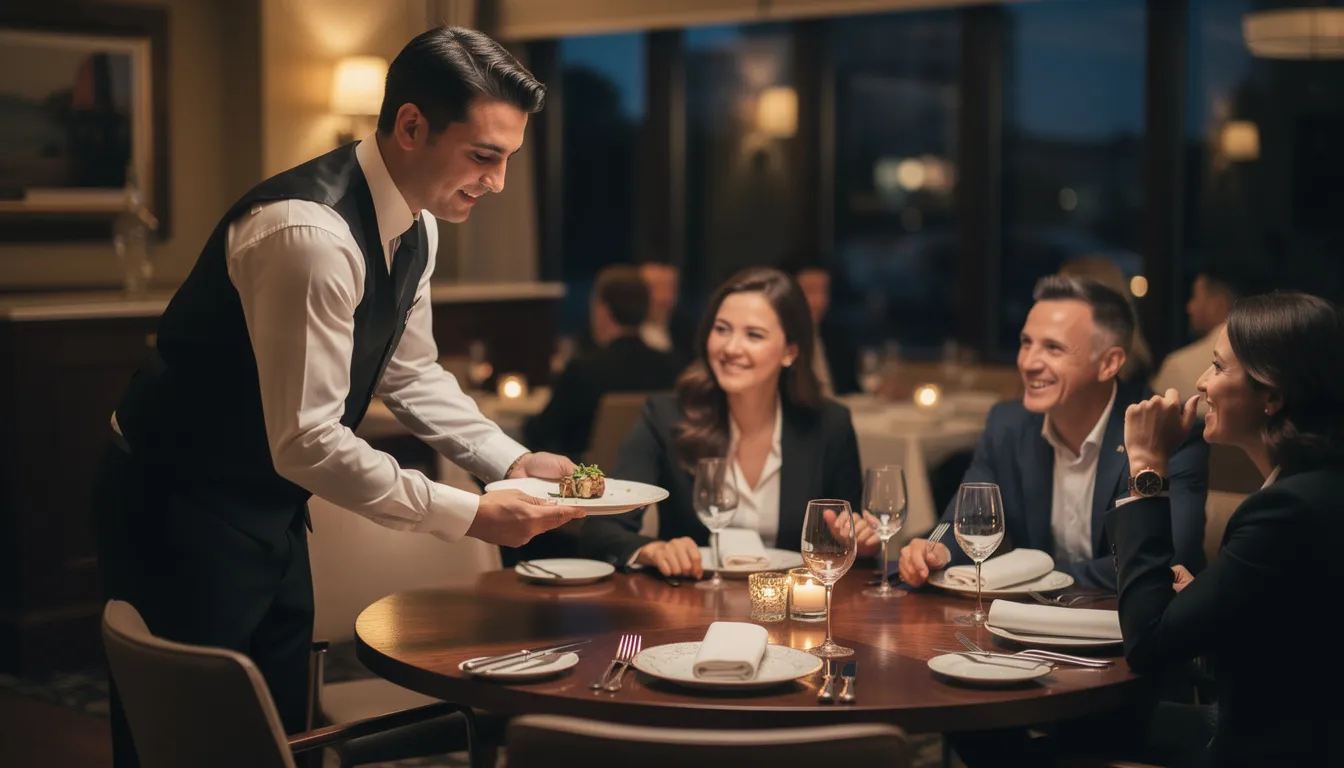 Ein Kellner serviert an einem Tisch, während mehrere Gäste entspannt sitzen und ihre Speisen genießen. Diese Tätigkeit ist eine beliebte Möglichkeit für Studierende, neben dem Studium Geld zu verdienen und Erfahrungen in der Gastronomie zu sammeln.