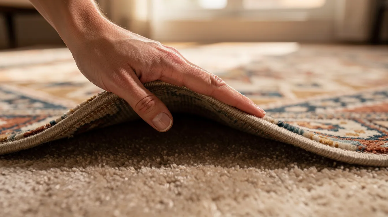 A close-up view shows a person's hand pressing down the corner of a patterned area rug on a beige wall-to-wall carpet, demonstrating a method to keep rug corners flat and prevent curling. This technique can help avoid tripping hazards and maintain the rug's position on the floor.