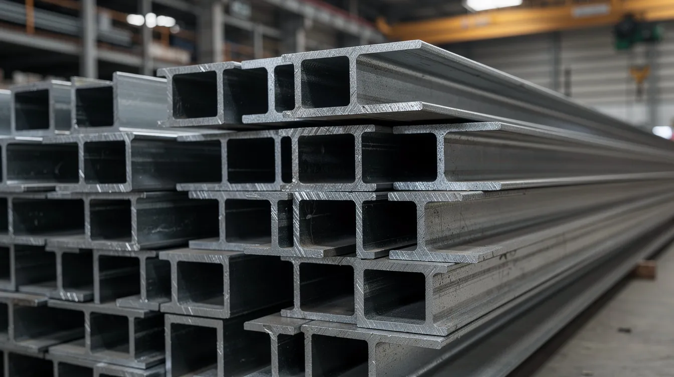 The image shows a close-up view of stacked steel beams and structural sections in an industrial warehouse, showcasing various types of steel, including hot rolled and cold rolled steel. The beams exhibit different surface finishes, with some having a rougher surface typical of hot rolled material, while others display a smoother surface characteristic of cold rolled products, emphasizing the differences between hot rolled vs cold rolled steel.