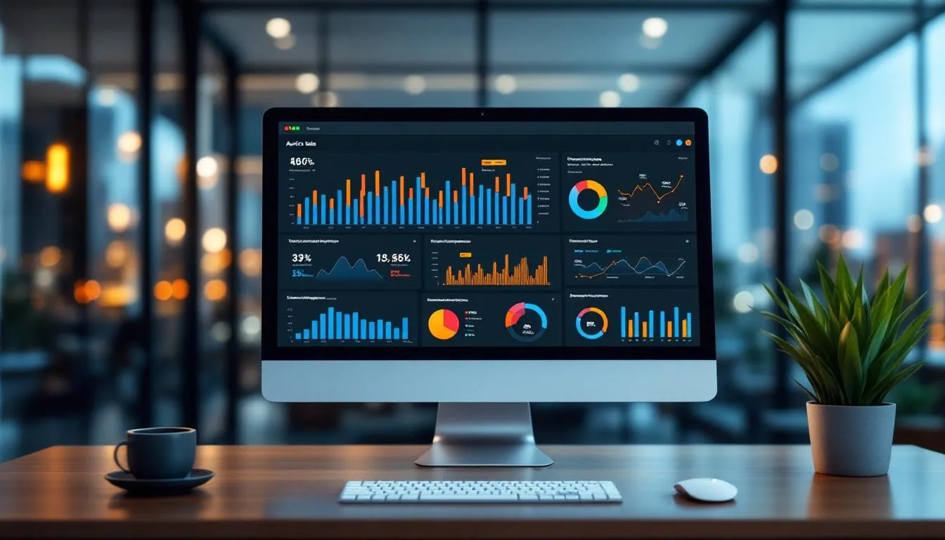 An analytics dashboard displayed on a computer screen showcases various performance metrics related to automotive digital marketing, including data on marketing strategies and customer engagement. This visual representation aids automotive businesses in assessing their marketing efforts and optimizing their digital presence for better lead generation and sales growth.
