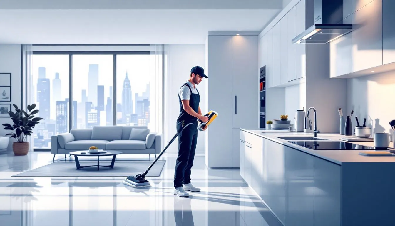 A professional cleaner performing comprehensive home deep cleaning services.