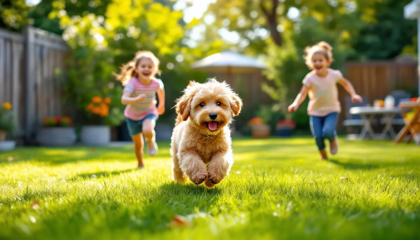 In the image, a playful micro goldendoodle is joyfully interacting with children in a sunny backyard, showcasing its affectionate nature and adorable fluffy coat. The scene captures the essence of family fun and the loving bond between pets and kids, highlighting the micro goldendoodle as an ideal companion for families.