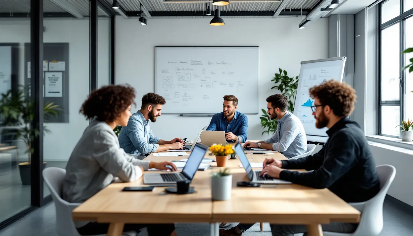 A group of successful entrepreneurs collaborate in a modern training facility, utilizing laptops and discussing their business plans as part of an entrepreneurship development program. The immersive experience fosters teamwork and innovation, equipping small business owners with essential skills and resources for their new ventures.