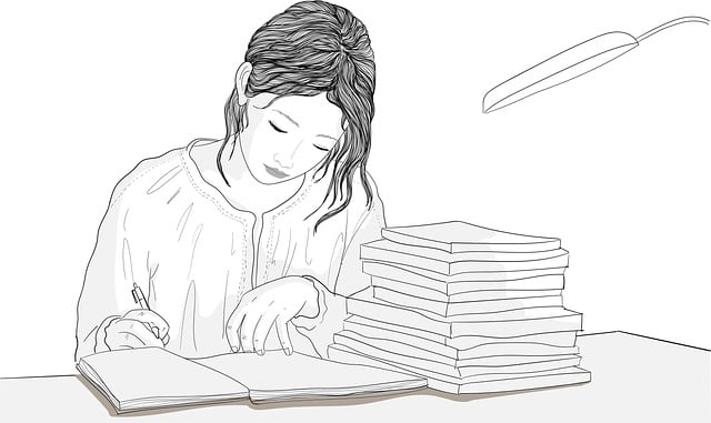 woman, writing, table