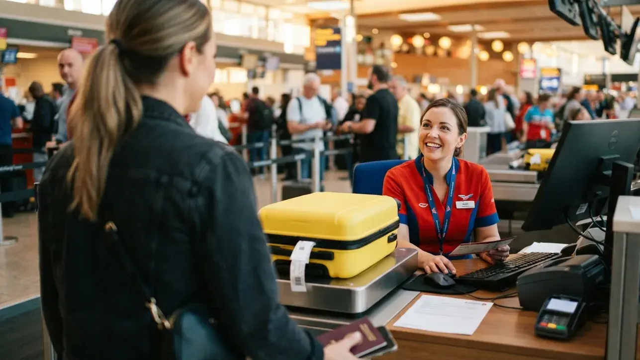 Airline agent checking onward travel documents and a final-destination baggage tag