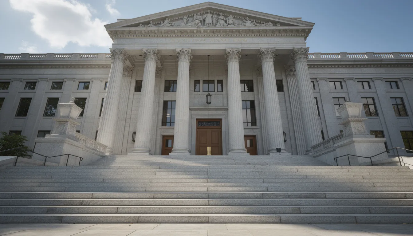 The image shows the exterior of a courthouse featuring grand steps and tall columns, symbolizing the legal process involved in workers compensation claims. This setting is where injured workers may seek legal representation and navigate the appeals process for denied workers comp claims in Colorado courts.