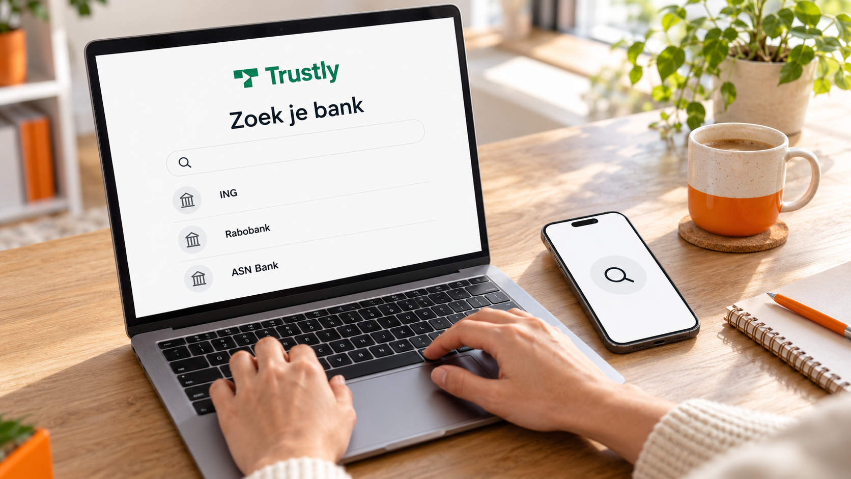 Trustly-scherm waarop wordt gezocht naar een bank, met ING, Rabobank en ASN Bank als voorbeelden.