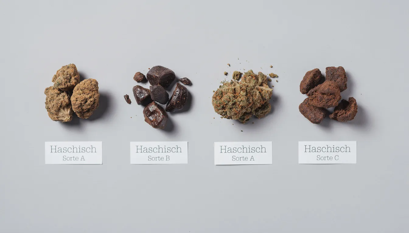 Auf dem Bild sind verschiedene Haschisch-Sorten in unterschiedlichen Brauntönen nebeneinander angeordnet, die auf einem neutralen Untergrund präsentiert werden. Die verschiedenen Texturen und Farben der Sorten spiegeln die Vielfalt und Qualität von Cannabisprodukten wider.