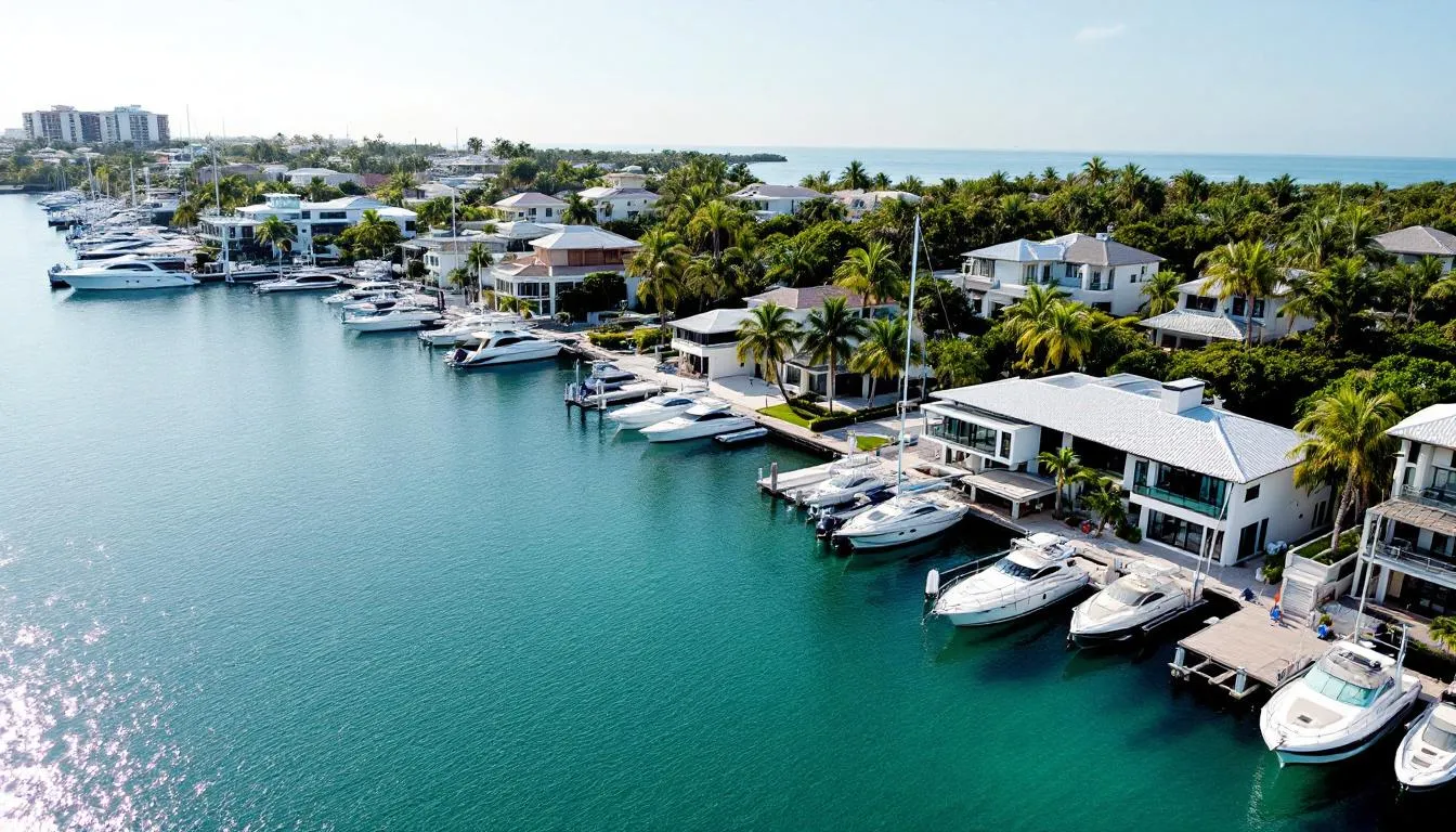 An aerial view showcases luxury waterfront homes along Marco Island's pristine bays, featuring private docks and boats, with stunning panoramic views of the water. This picturesque scene highlights the rare opportunity for prospective property consumers to enjoy direct access to the beautiful Gulf and nearby amenities.