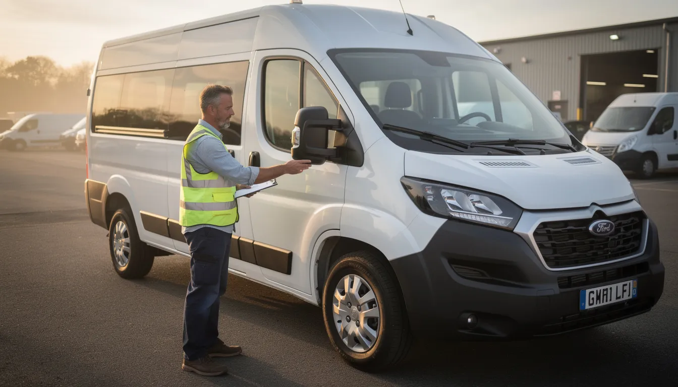 Un minibus Ford Transit est garé, tandis que le conducteur inspecte soigneusement la carrosserie avant le départ. Cette vérification est essentielle pour assurer la sécurité et le confort des passagers lors de leur voyage.