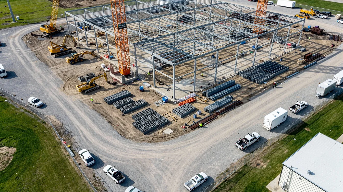 An aerial view of a large commercial construction site reveals steel framing in progress, surrounded by heavy equipment on a cleared lot. This bustling scene highlights the construction industry's response to rising construction demand and the challenges of labor shortages, as skilled workers and construction contractors work on complex projects.