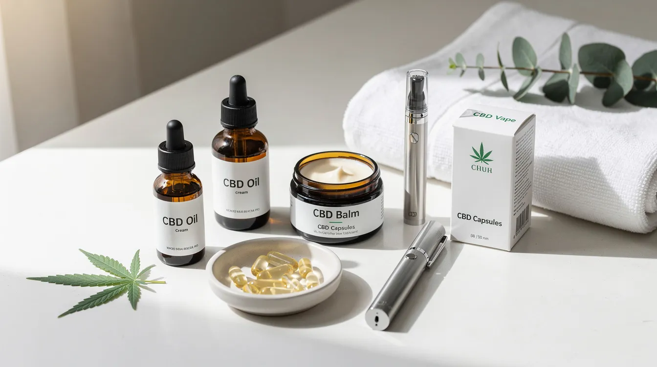 The image features an array of assorted CBD wellness products, including oils and vape cartridges, meticulously organized on a pristine white countertop. These hemp-derived products highlight the growing popularity of cannabis plant derivatives, reflecting the ongoing discussions around hemp laws and the legal status of delta 8 and delta 9 THC in various states, including Arizona.