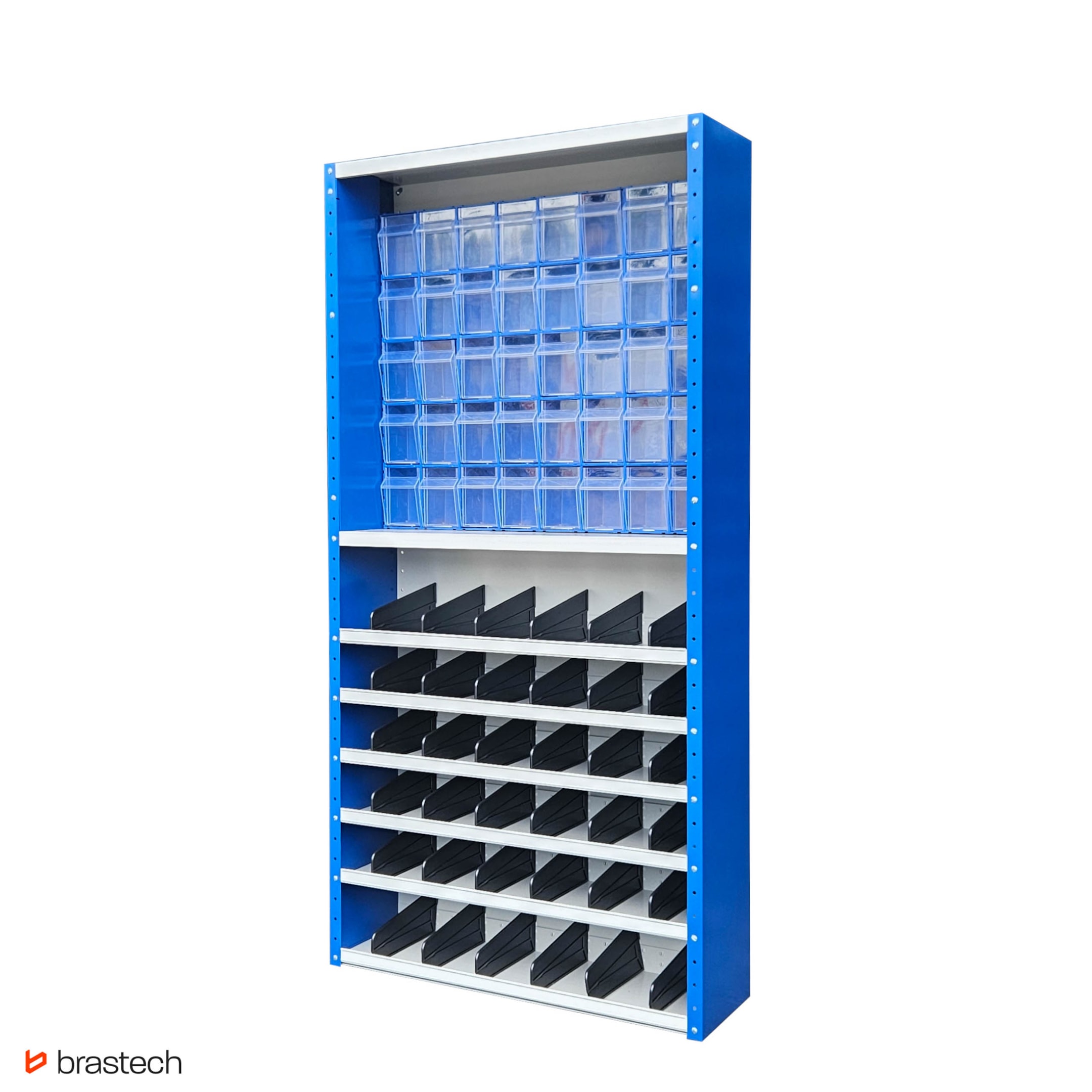 Regał z pojemnikami – kompletny przewodnik po systemach przechowywania do magazynu, warsztatu i domu 8 Regał z uchylnymi pojemnikami oraz przegrodami. Źródło: Brastech