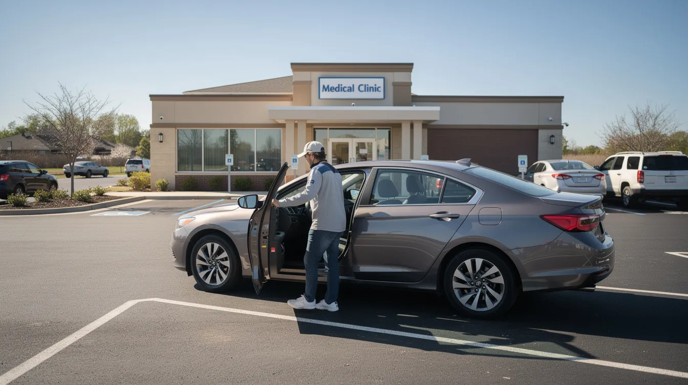 A person is seen entering a vehicle in a medical clinic parking lot, likely after a medical appointment related to a workplace injury. This scene highlights the importance of medical treatment and workers compensation benefits for injured workers navigating their recovery.